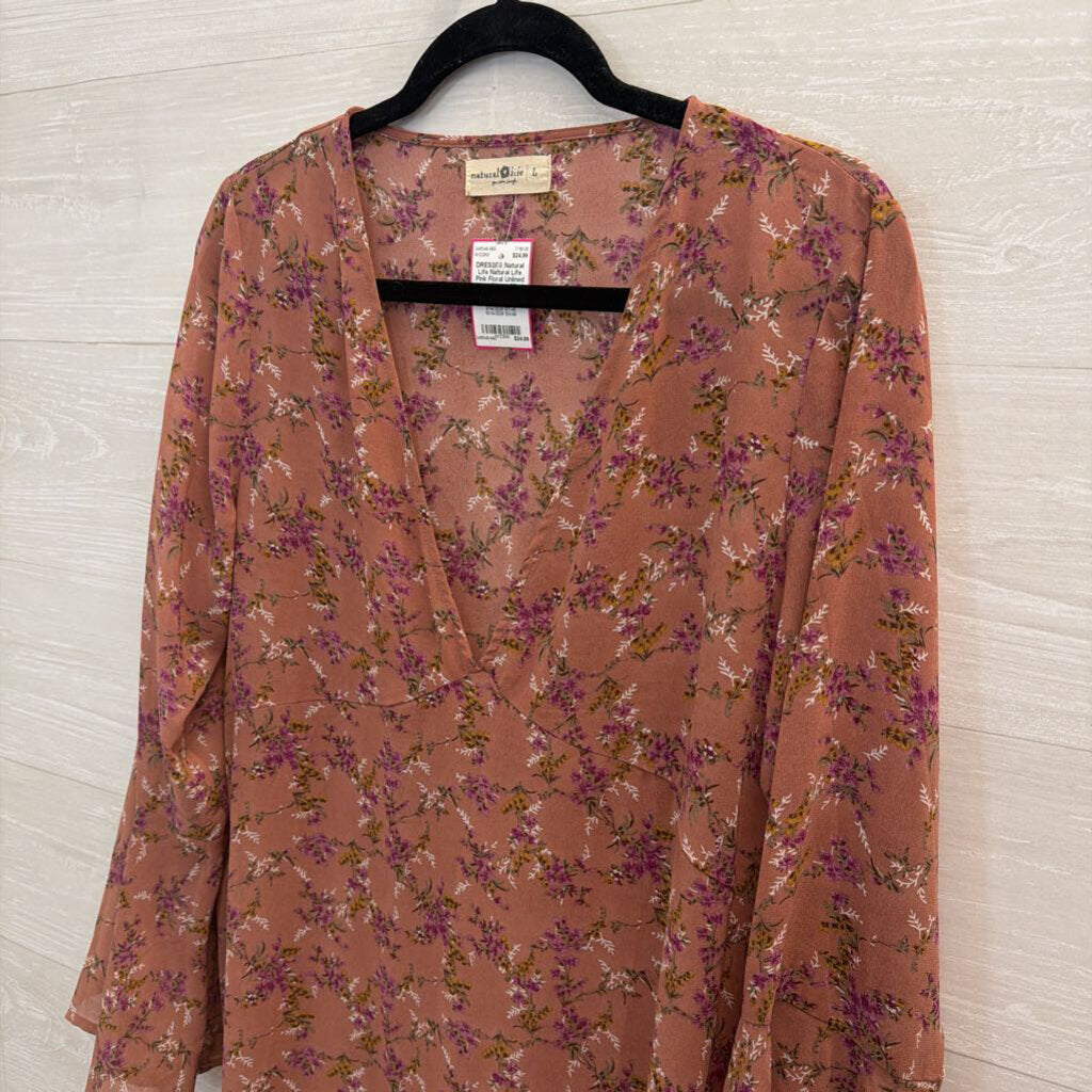 Natural Life Pink Floral Unlined Long Sleeve Maxi Dress Large