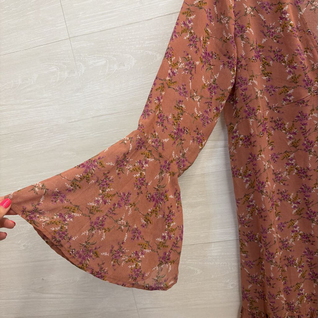 Natural Life Pink Floral Unlined Long Sleeve Maxi Dress Large