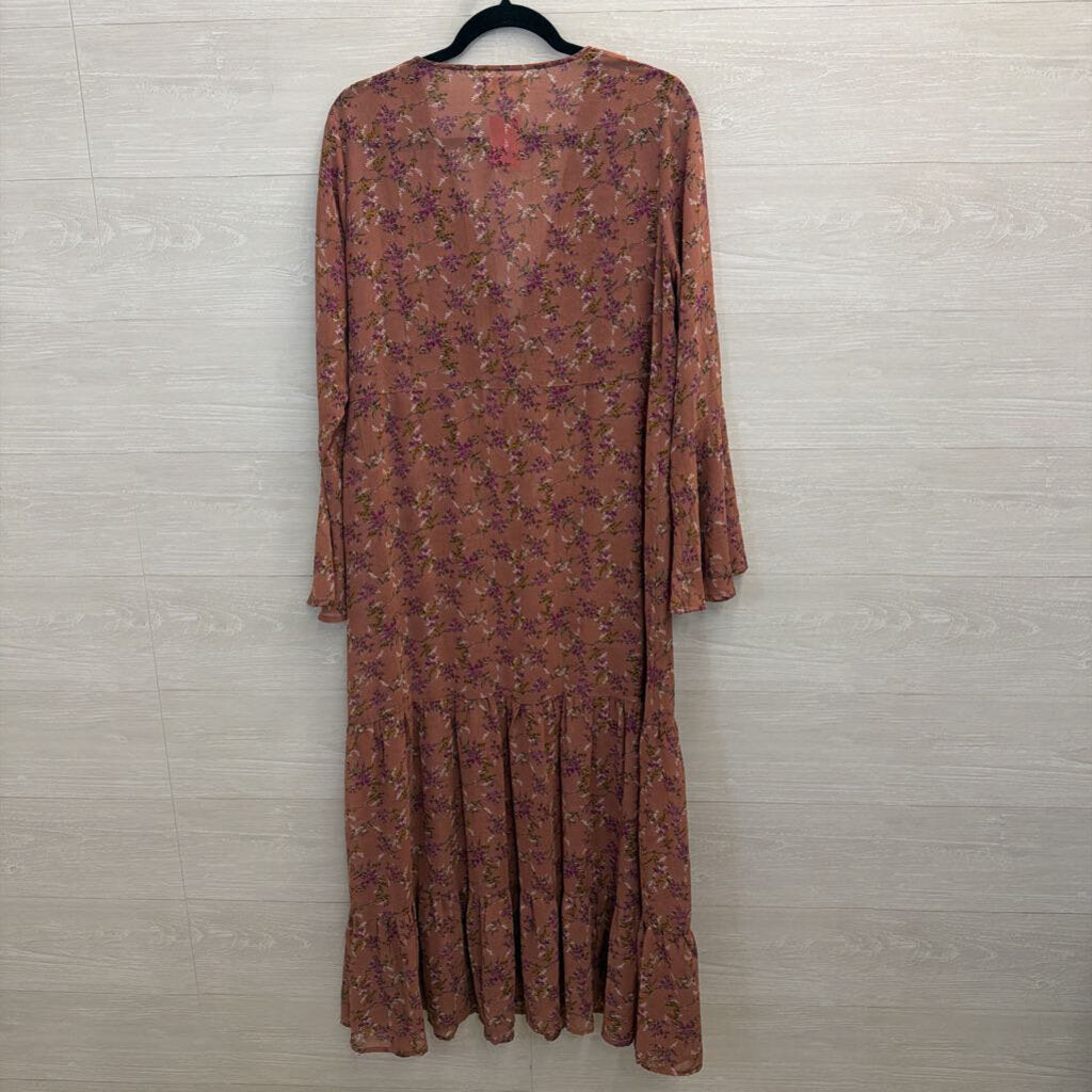 Natural Life Pink Floral Unlined Long Sleeve Maxi Dress Large