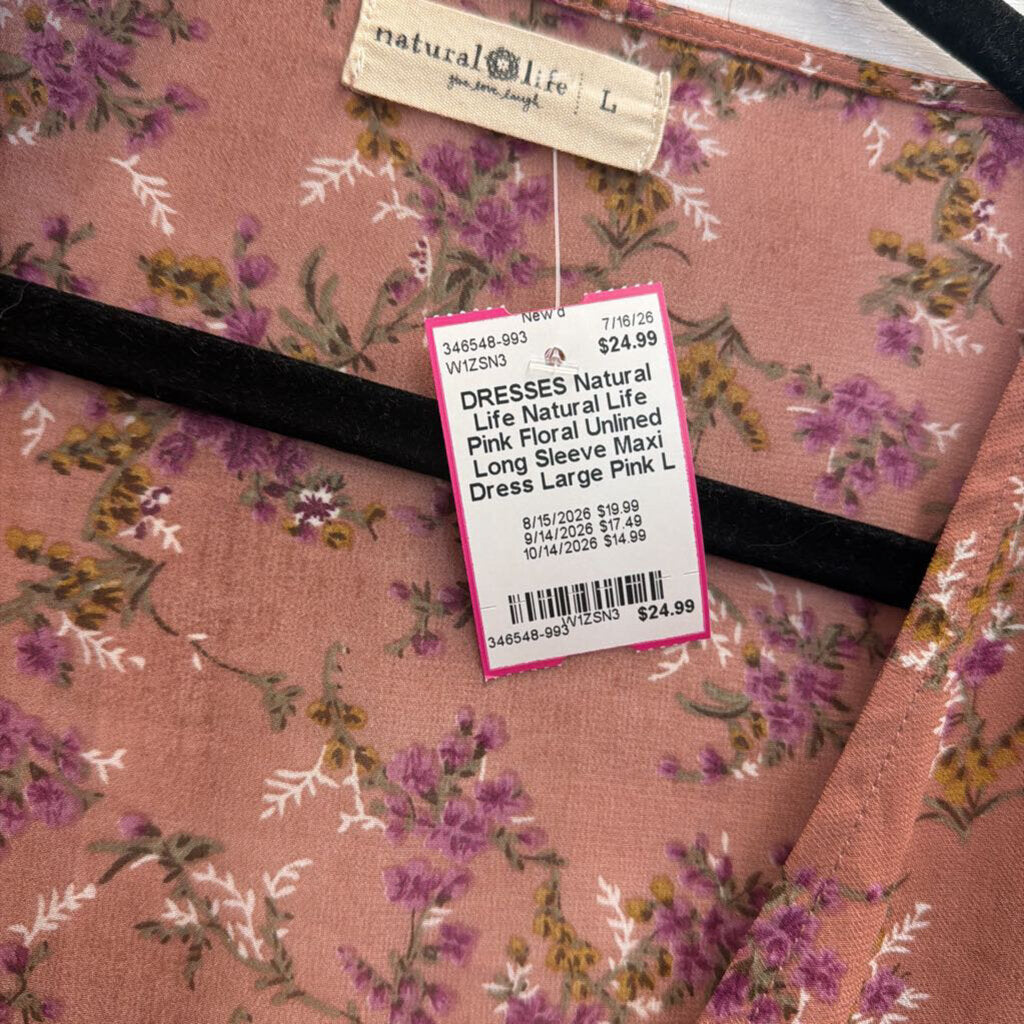 Natural Life Pink Floral Unlined Long Sleeve Maxi Dress Large