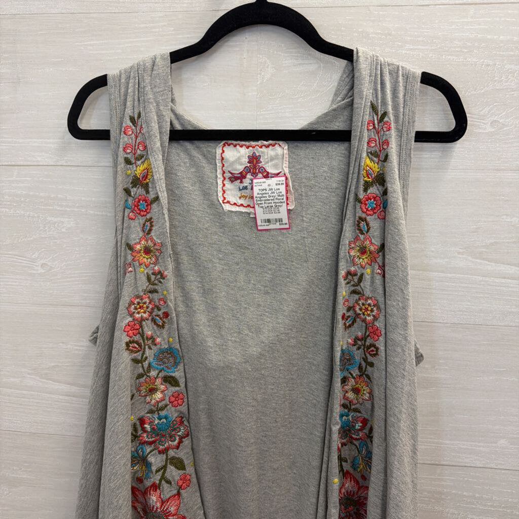 JW Los Angeles Grey/ Multi Embroidered Floral Open Front Hooded Top Large