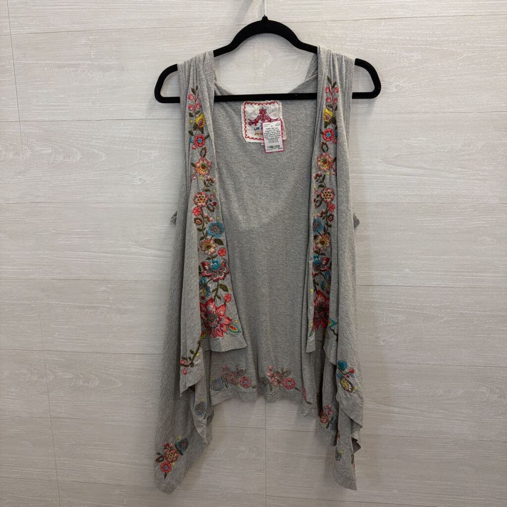 JW Los Angeles Grey/ Multi Embroidered Floral Open Front Hooded Top Large
