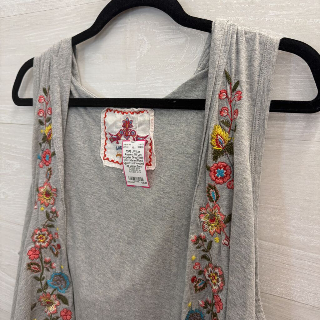 JW Los Angeles Grey/ Multi Embroidered Floral Open Front Hooded Top Large