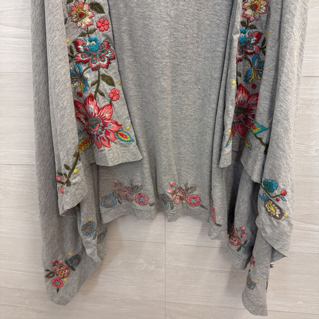 JW Los Angeles Grey/ Multi Embroidered Floral Open Front Hooded Top Large