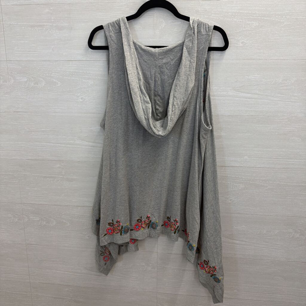 JW Los Angeles Grey/ Multi Embroidered Floral Open Front Hooded Top Large