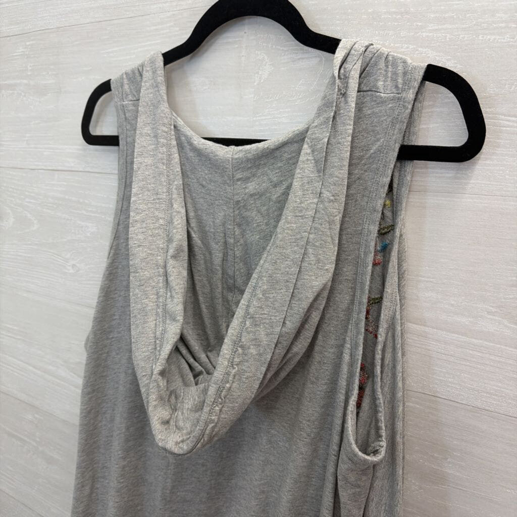 JW Los Angeles Grey/ Multi Embroidered Floral Open Front Hooded Top Large