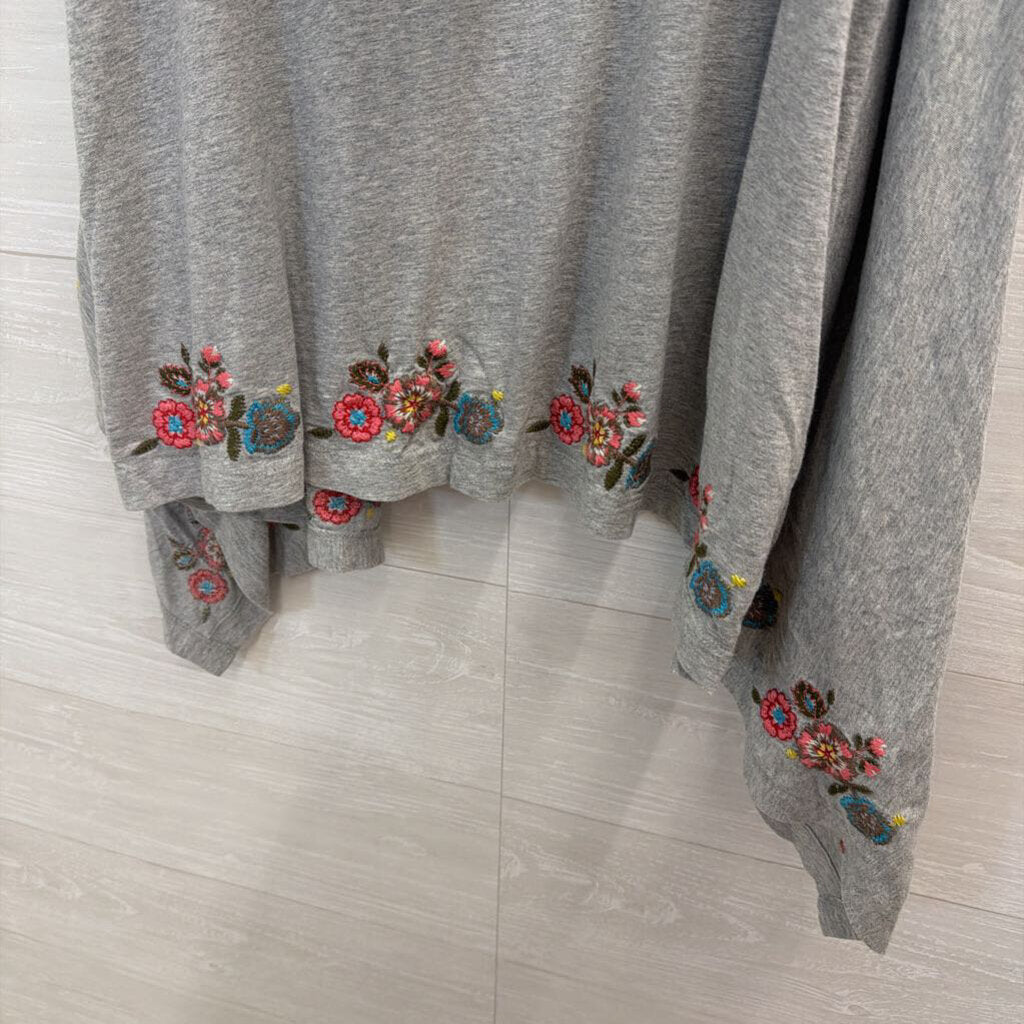 JW Los Angeles Grey/ Multi Embroidered Floral Open Front Hooded Top Large