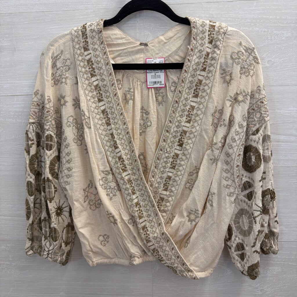 Free People Cream/ Grey Embroidered Long Sleeve Top Medium