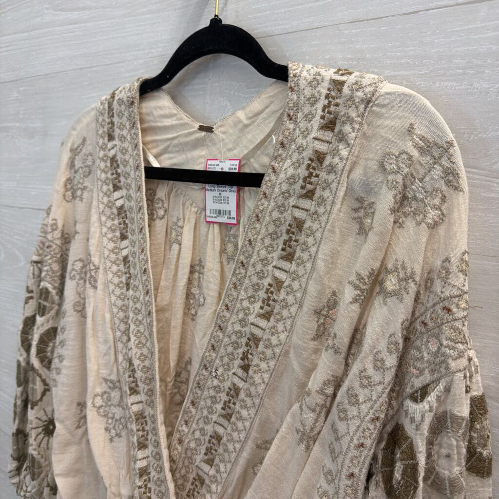Free People Cream/ Grey Embroidered Long Sleeve Top Medium
