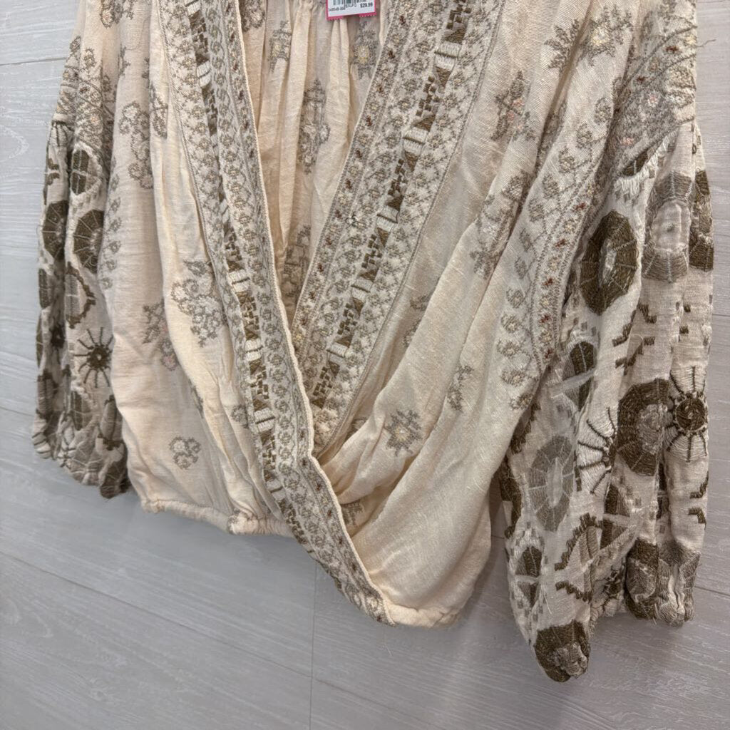 Free People Cream/ Grey Embroidered Long Sleeve Top Medium