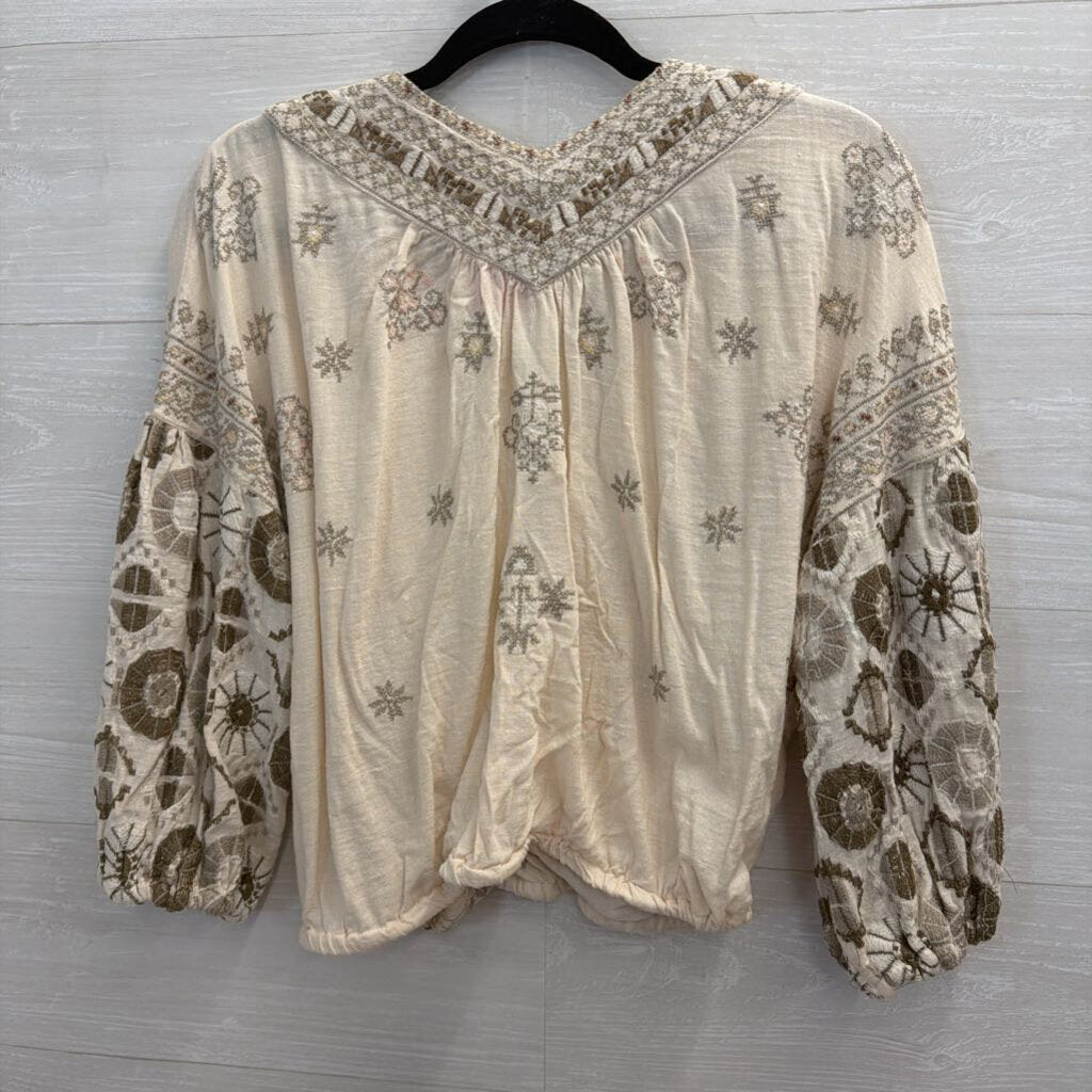 Free People Cream/ Grey Embroidered Long Sleeve Top Medium