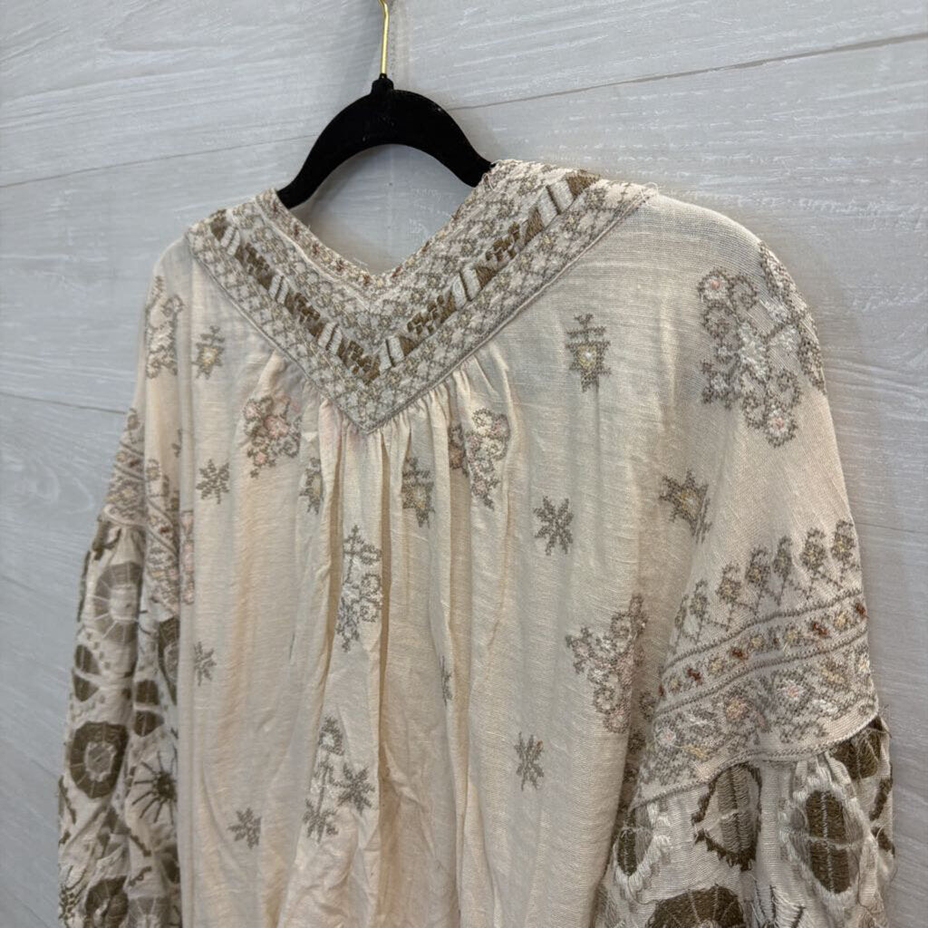 Free People Cream/ Grey Embroidered Long Sleeve Top Medium