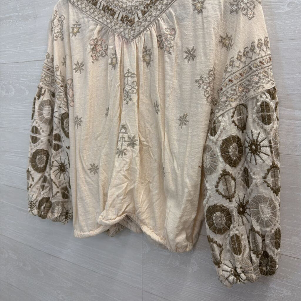 Free People Cream/ Grey Embroidered Long Sleeve Top Medium