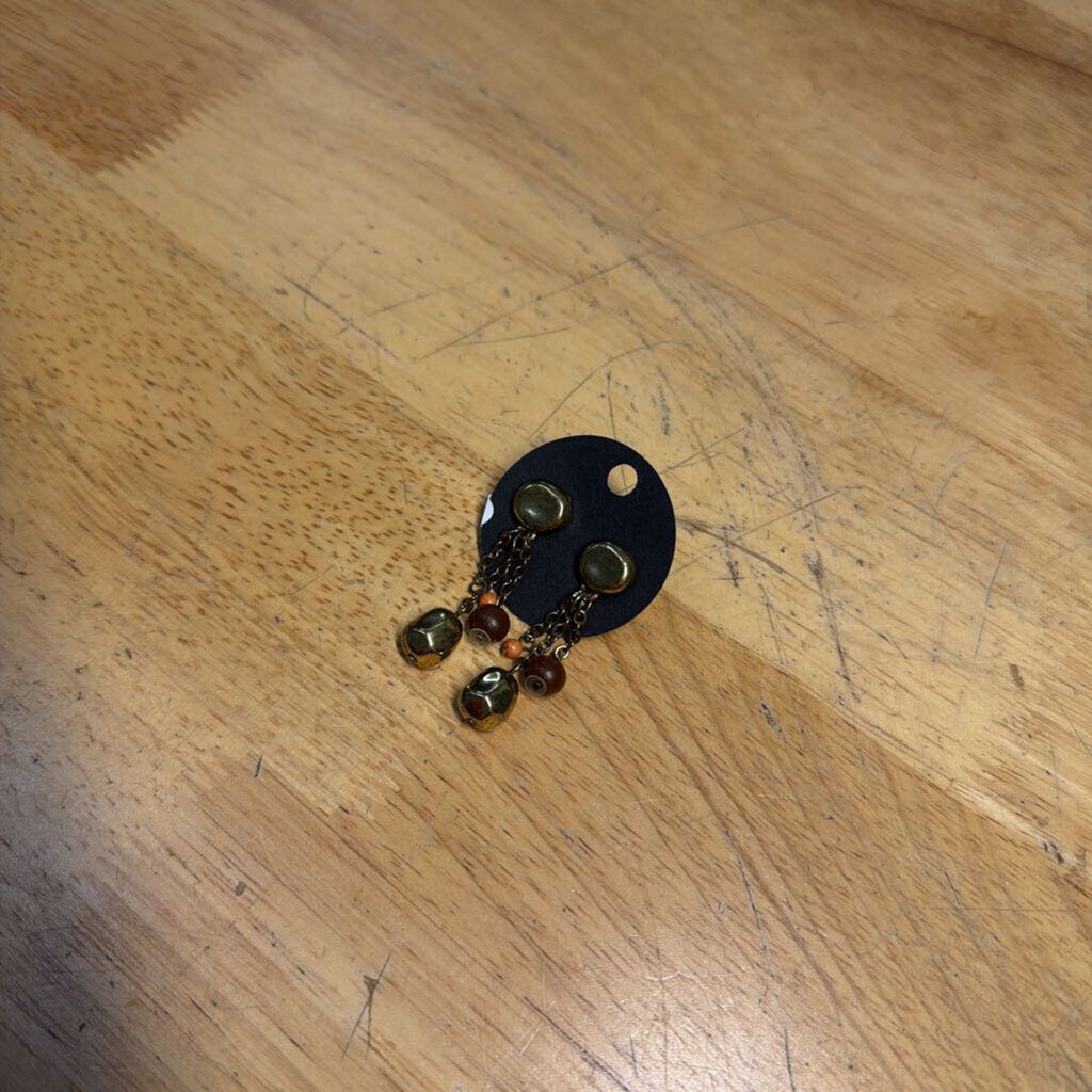 Gold/ Brown Beaded Drop Earrings