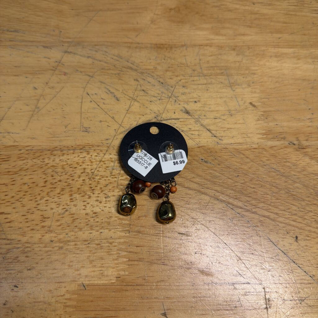 Gold/ Brown Beaded Drop Earrings