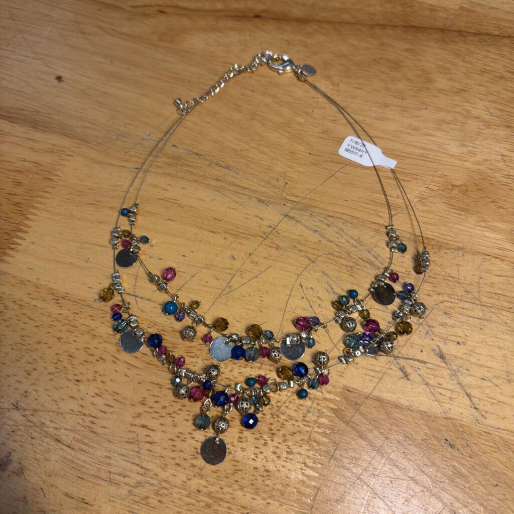 Silver/ Multi Beaded Multi Strand Necklace