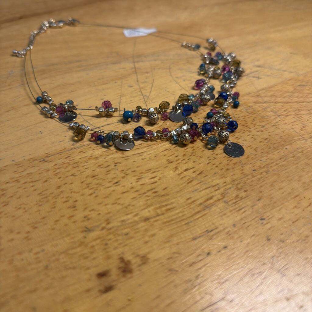 Silver/ Multi Beaded Multi Strand Necklace