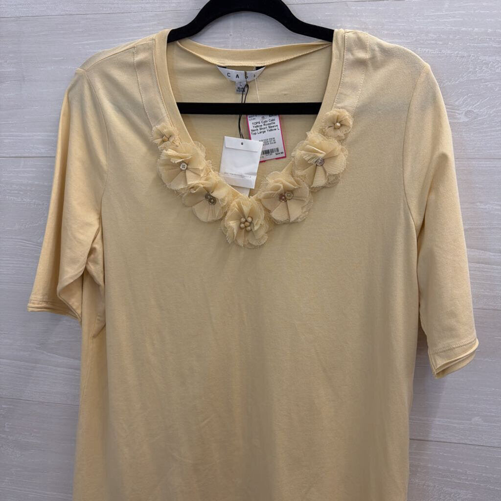Cabi Yellow Rosette Neck Short Sleeve Top Large