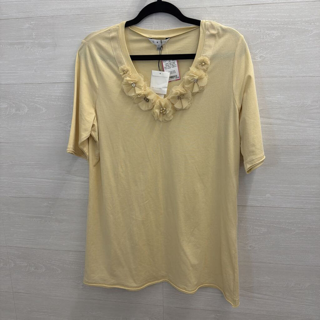 Cabi Yellow Rosette Neck Short Sleeve Top Large