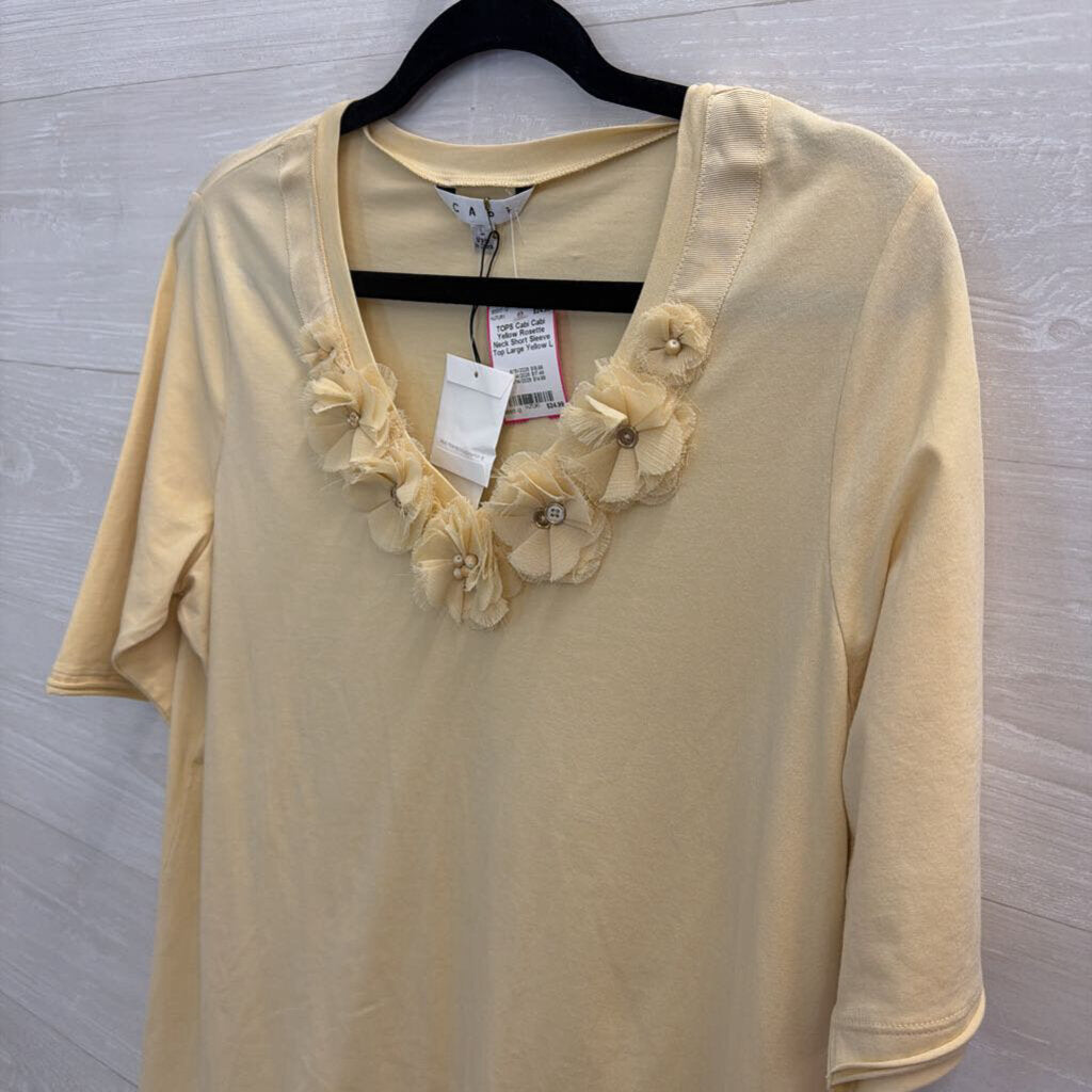 Cabi Yellow Rosette Neck Short Sleeve Top Large