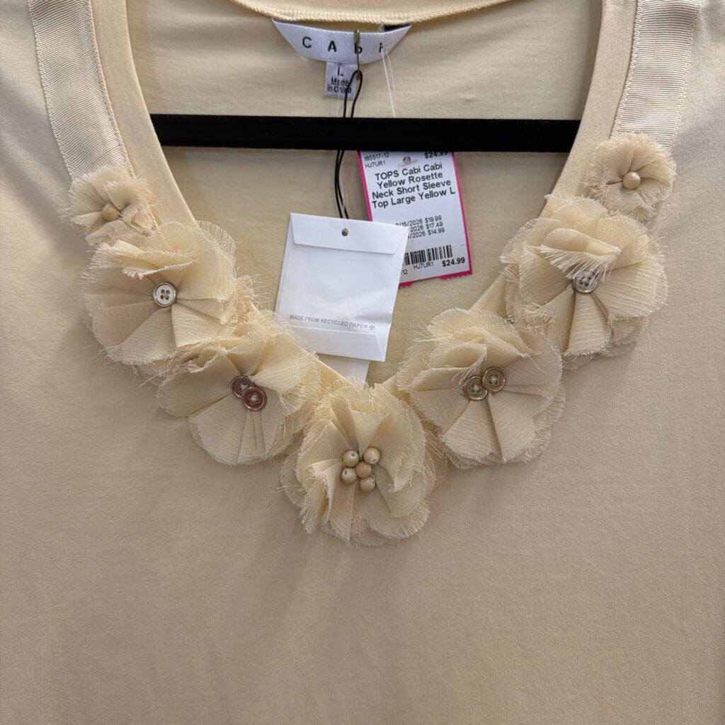 Cabi Yellow Rosette Neck Short Sleeve Top Large