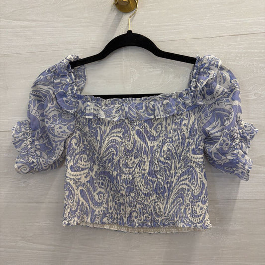 Express White/ Blue Print Cropped Short Puff Sleeve Top Extra Small