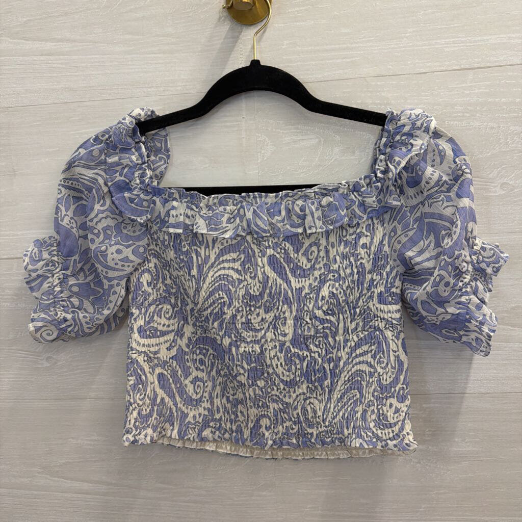 Express White/ Blue Print Cropped Short Puff Sleeve Top Extra Small
