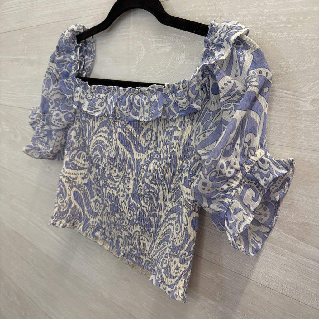 Express White/ Blue Print Cropped Short Puff Sleeve Top Extra Small