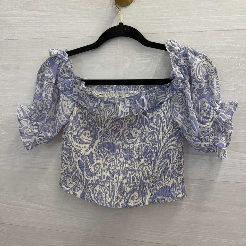 Express White/ Blue Print Cropped Short Puff Sleeve Top Extra Small