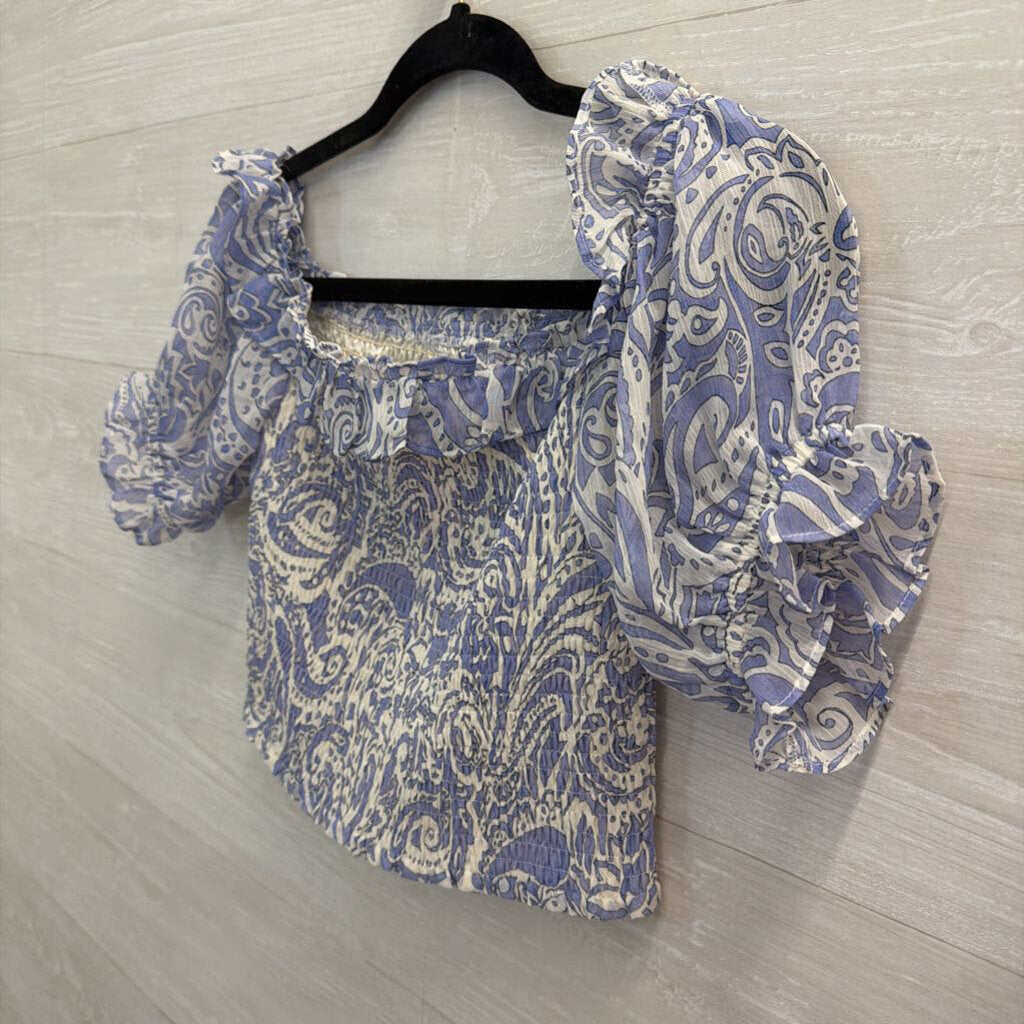 Express White/ Blue Print Cropped Short Puff Sleeve Top Extra Small