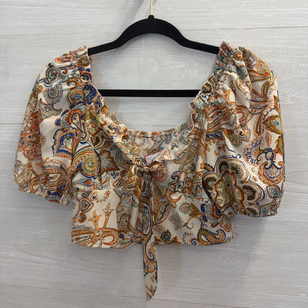 Beige/ Multi Print Cropped Short Puff Sleeve Top Small