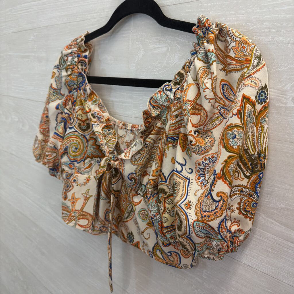 Beige/ Multi Print Cropped Short Puff Sleeve Top Small