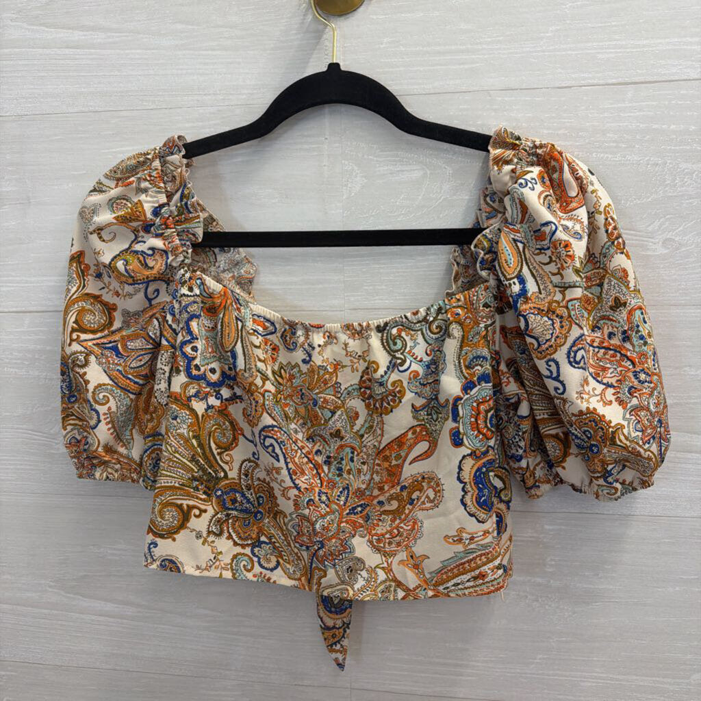 Beige/ Multi Print Cropped Short Puff Sleeve Top Small