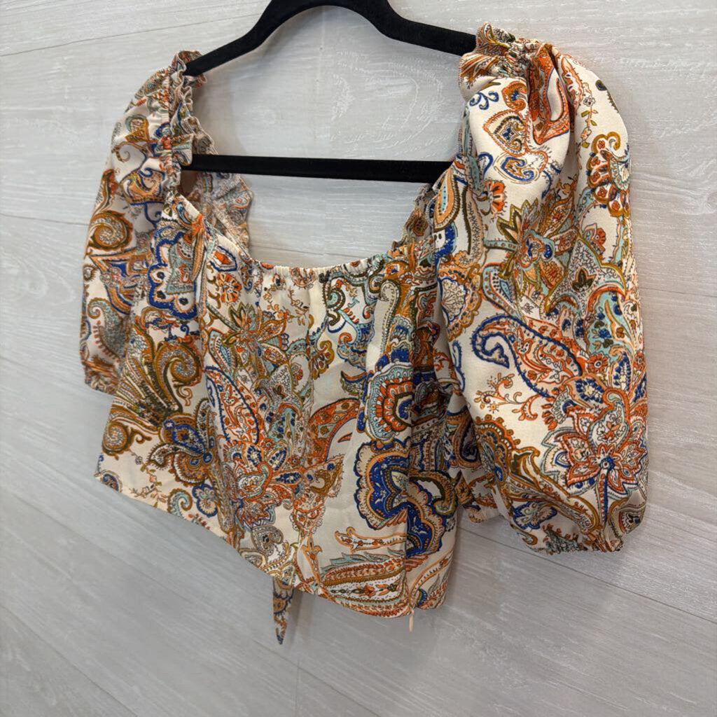 Beige/ Multi Print Cropped Short Puff Sleeve Top Small
