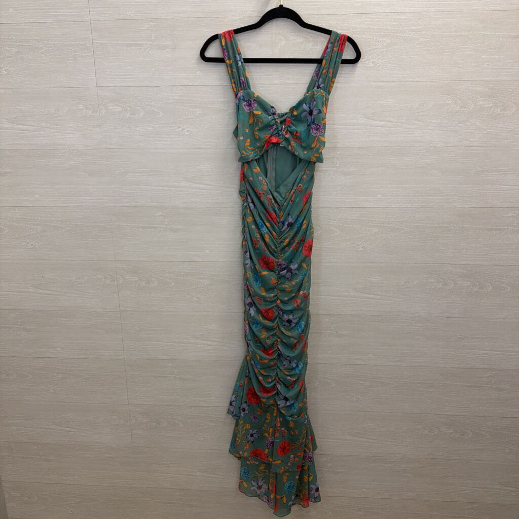 Green/ Multi Print Ruched Cutout Maxi Dress Medium