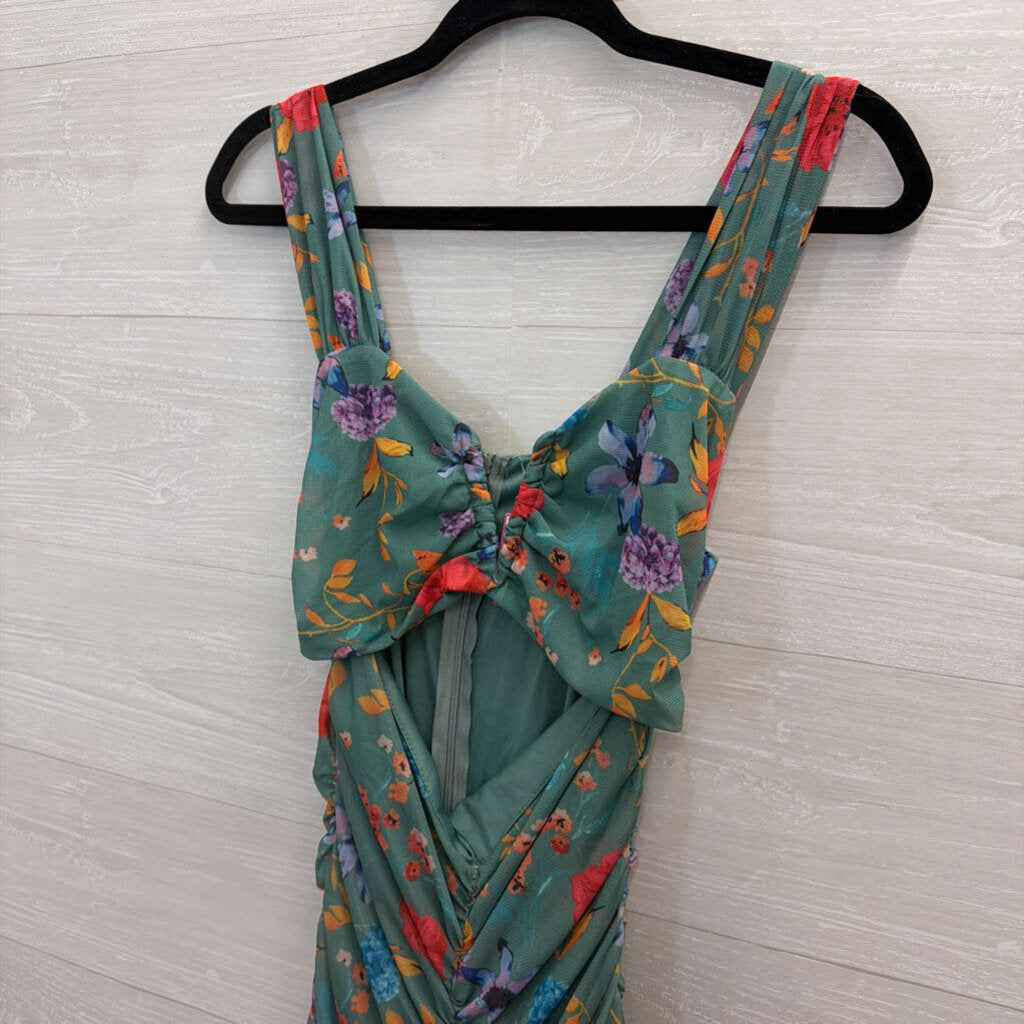 Green/ Multi Print Ruched Cutout Maxi Dress Medium