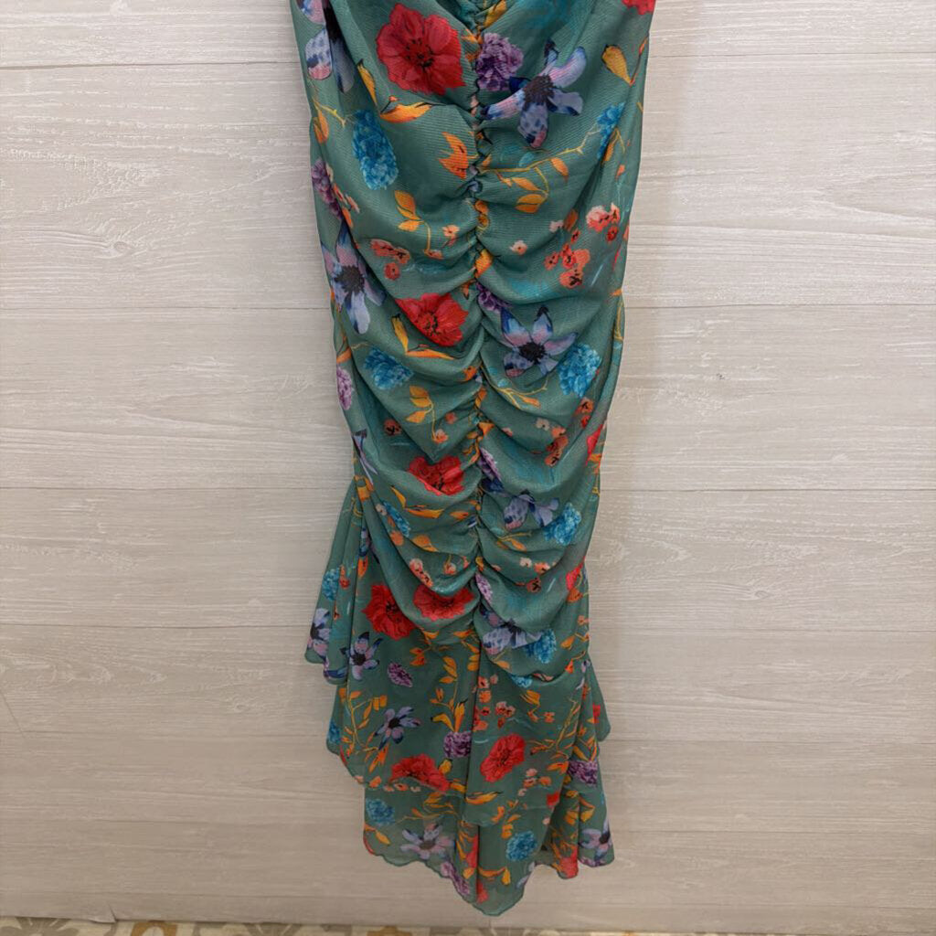 Green/ Multi Print Ruched Cutout Maxi Dress Medium