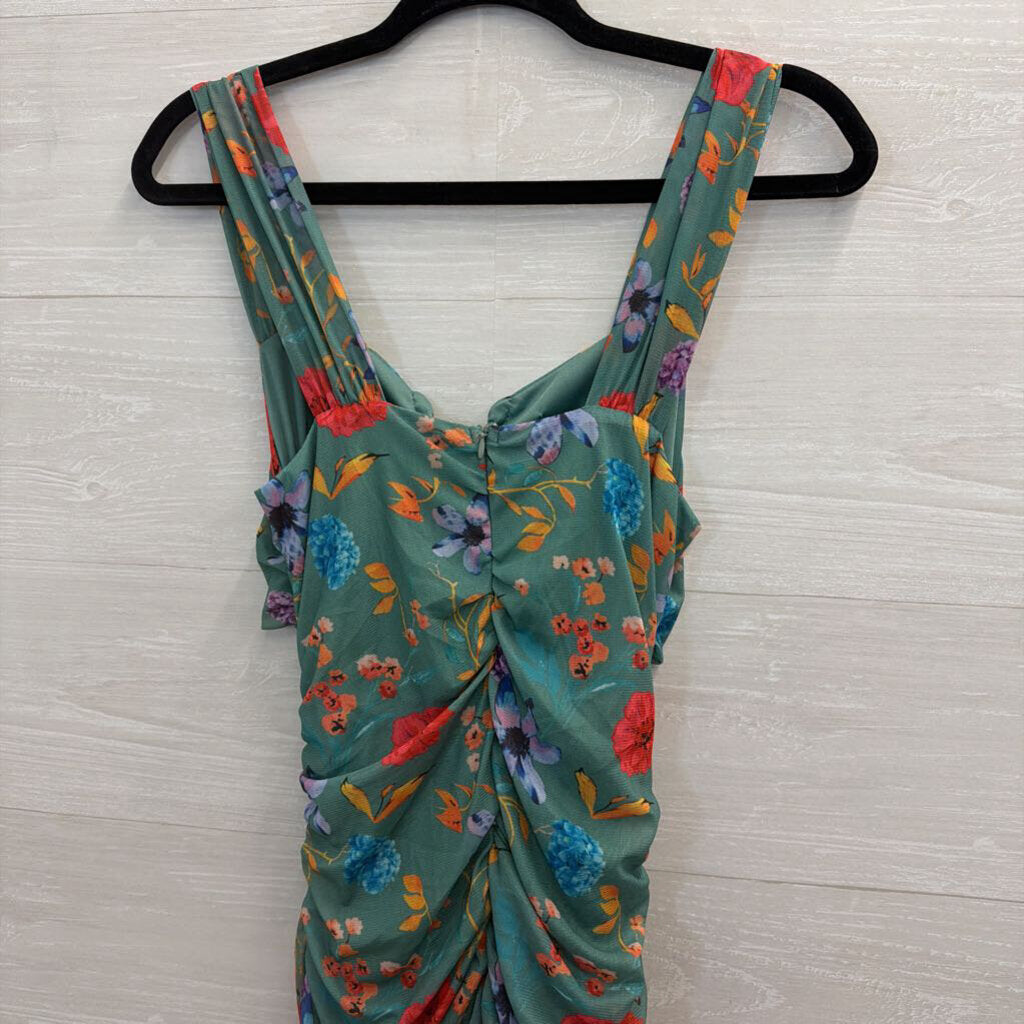 Green/ Multi Print Ruched Cutout Maxi Dress Medium