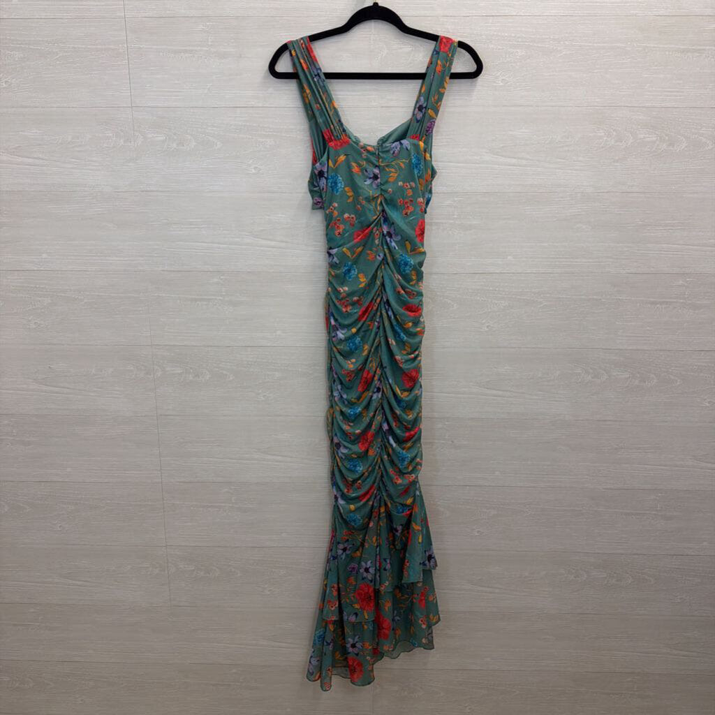 Green/ Multi Print Ruched Cutout Maxi Dress Medium