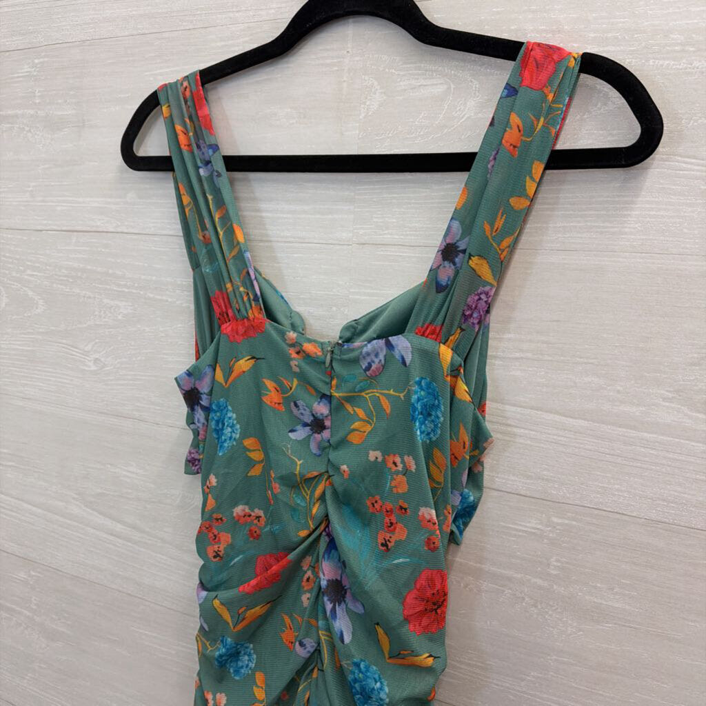 Green/ Multi Print Ruched Cutout Maxi Dress Medium