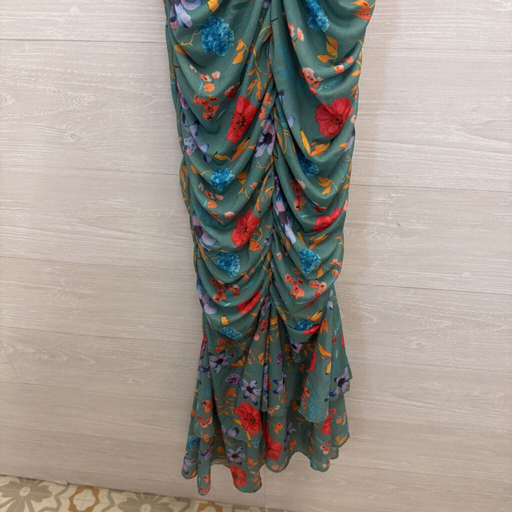 Green/ Multi Print Ruched Cutout Maxi Dress Medium