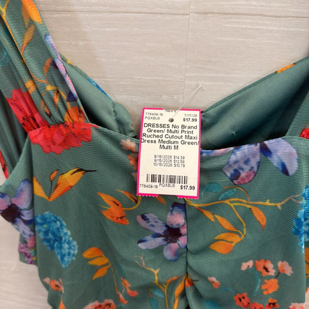 Green/ Multi Print Ruched Cutout Maxi Dress Medium