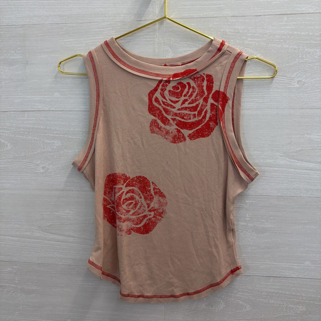 Mauve/ Red Rose Print Tank Top Small