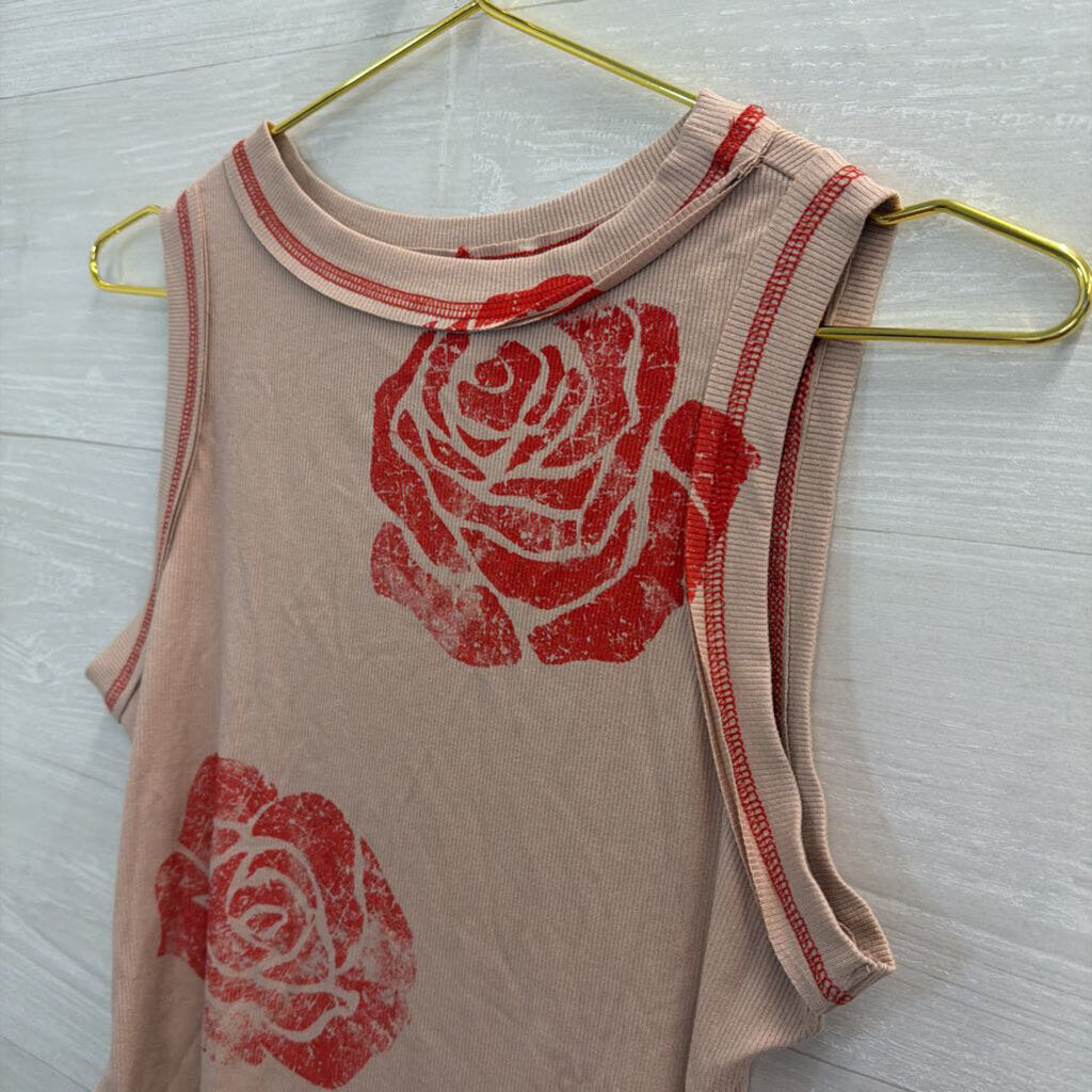 Mauve/ Red Rose Print Tank Top Small