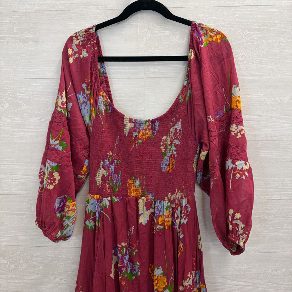 Free People Purple/ Multi Print Long Sleeve Smocked Top Maxi Dress Medium