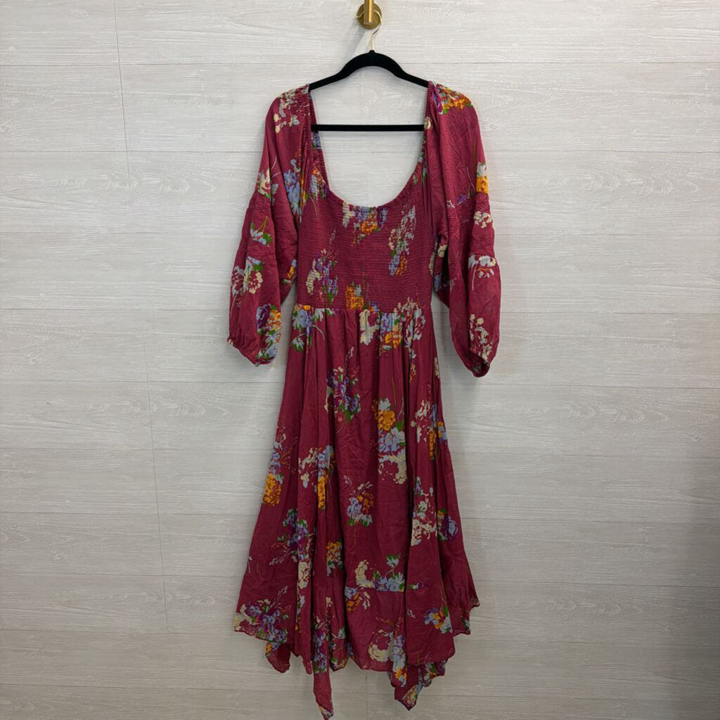 Free People Purple/ Multi Print Long Sleeve Smocked Top Maxi Dress Medium