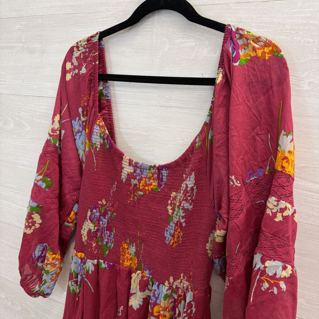 Free People Purple/ Multi Print Long Sleeve Smocked Top Maxi Dress Medium