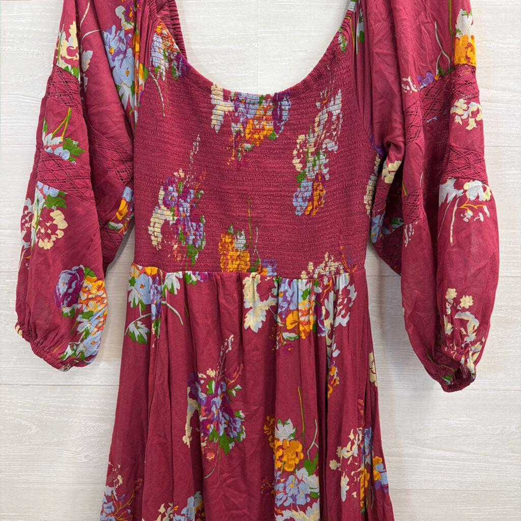 Free People Purple/ Multi Print Long Sleeve Smocked Top Maxi Dress Medium