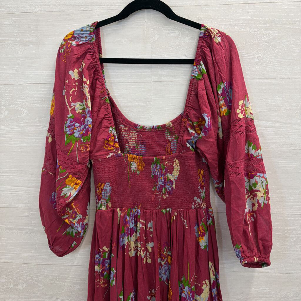 Free People Purple/ Multi Print Long Sleeve Smocked Top Maxi Dress Medium
