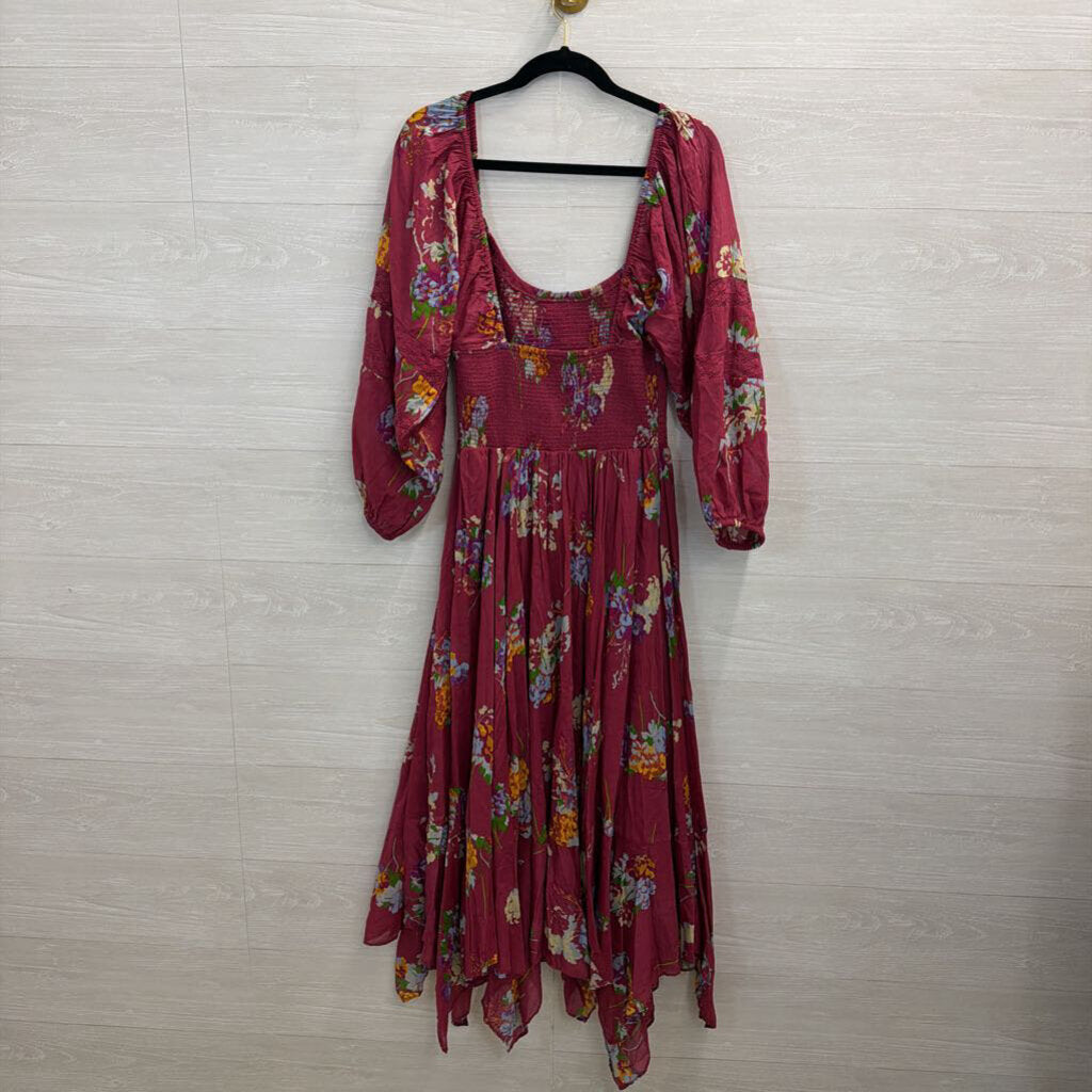 Free People Purple/ Multi Print Long Sleeve Smocked Top Maxi Dress Medium
